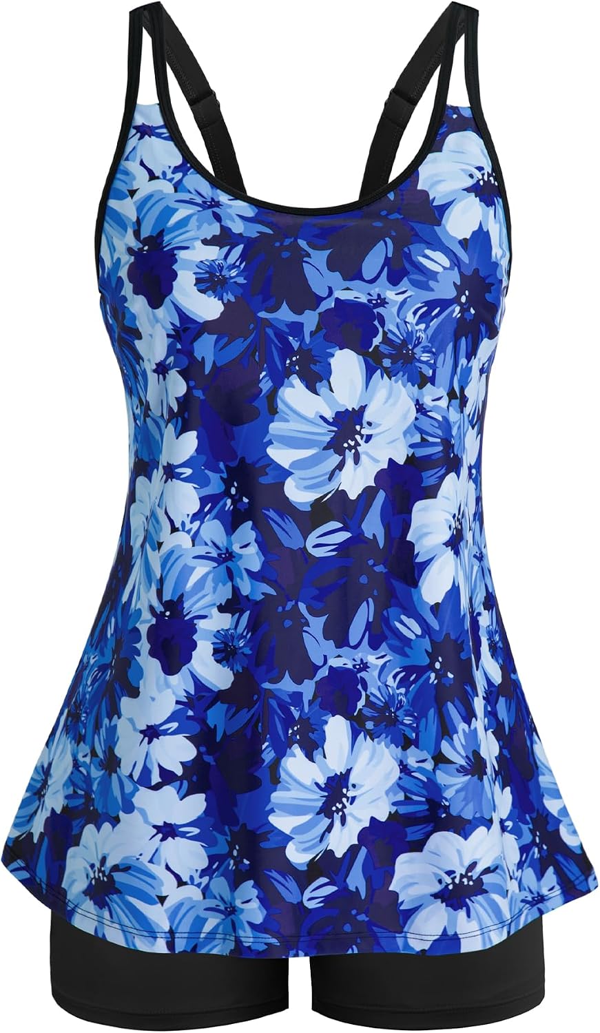 Women's Flowy Tankini Set - Scoop Neck Top with Removable Pads and High Waisted Bottoms for Modest Swims - Medium