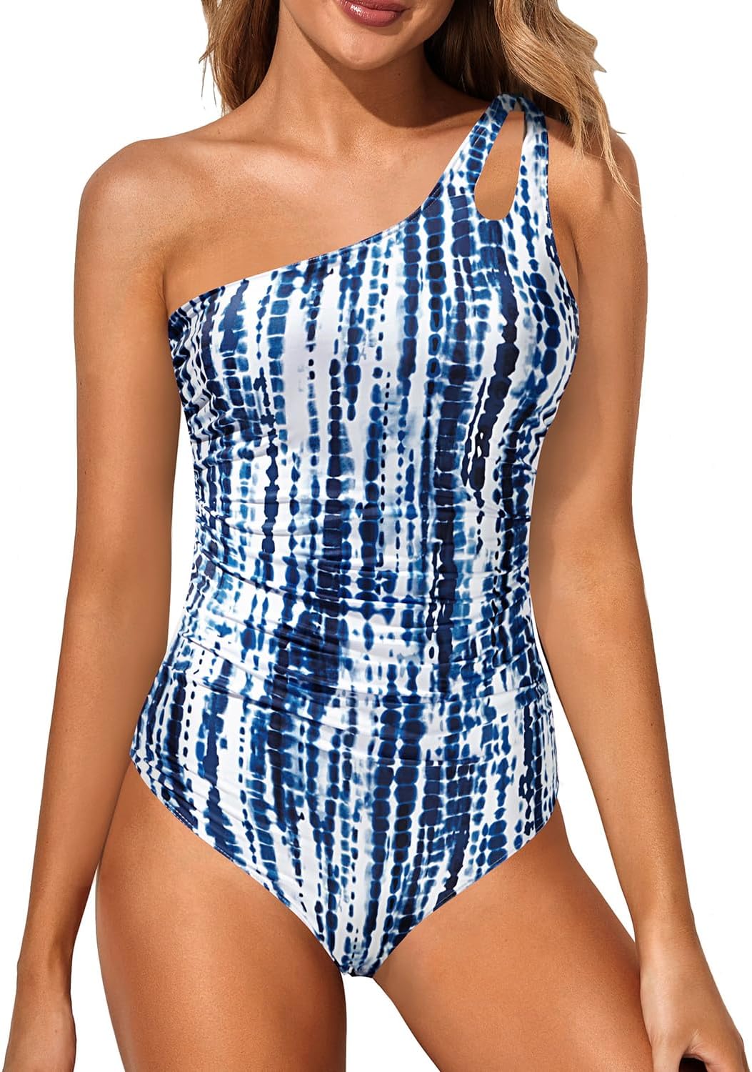 Women's One Shoulder One Piece Swimsuit - Keyhole Front, Ruched Tummy Control and Removable Soft Cups - Black