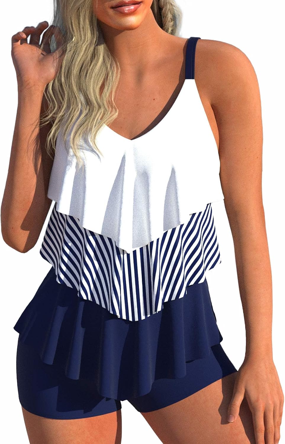 Women's Layered Ruffle Tankini Set - Flowy Handkerchief Hem Top with V-Neck and Matching Boy Shorts - Medium