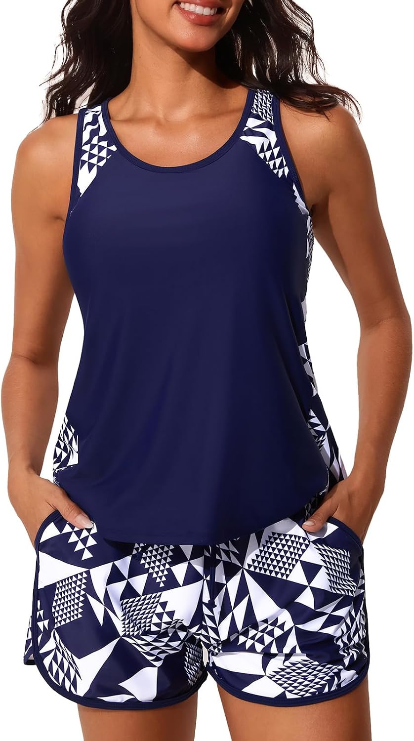Women's Blouson Tankini Swimsuit - Tummy Control Top with Removable Pads and Swim Shorts with Pockets - Green Shadowa