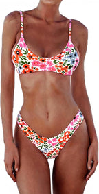 Women's Scoop Neck Bikini Set - Push Up Padded Top with Brazilian Thong Bottoms in Solids and Prints - Blue