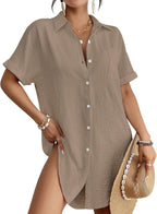 Women's Button Down Beach Shirt Dress - Relaxed Cover-Up in Stripes, Jacquard and Solids for Vacations - Green Stripes