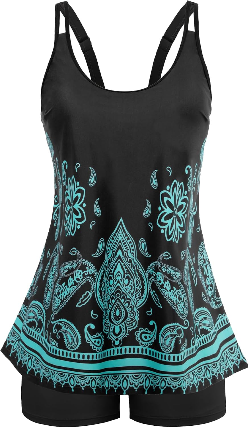 Women's Flowy Tankini Set - Scoop Neck Top with Removable Pads and High Waisted Bottoms for Modest Swims - Medium