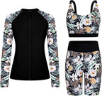 Women's Long Sleeve Rash Guard Set - Swim Shirt with Matching Shorts and Two Pockets for Beach and Pool - Green Paisley