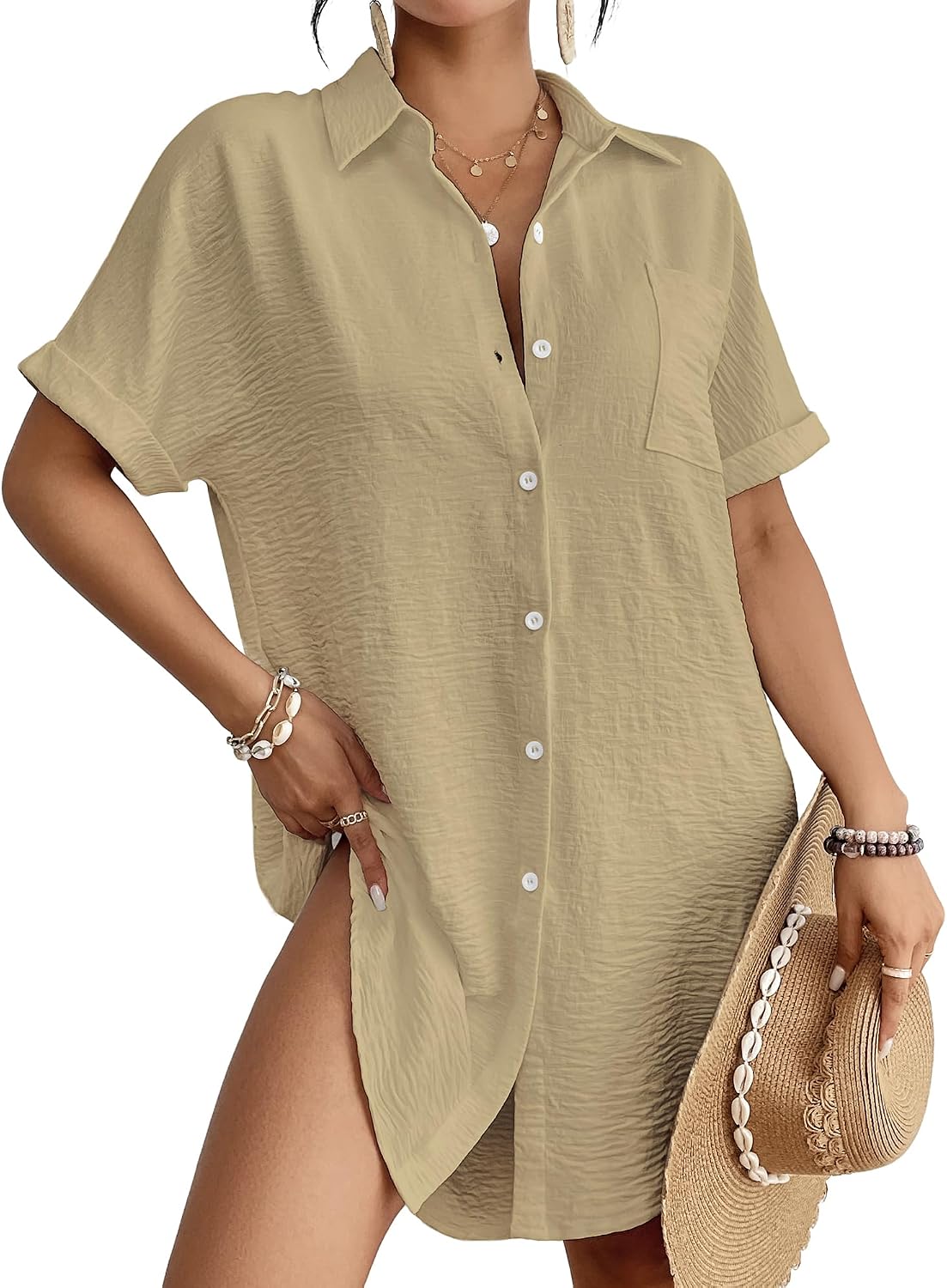 Women's Button Down Beach Shirt Dress - Relaxed Cover-Up in Stripes, Jacquard and Solids for Vacations - Bean Pink