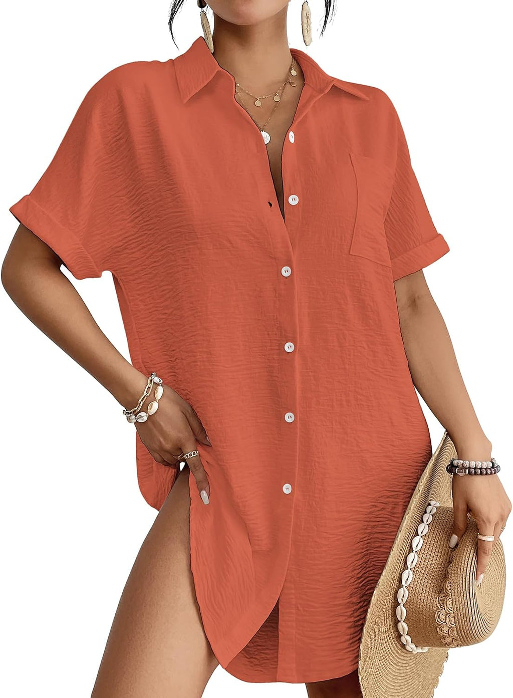 Women's Button Down Beach Shirt Dress - Relaxed Cover-Up in Stripes, Jacquard and Solids for Vacations - Aa-leaf Print (