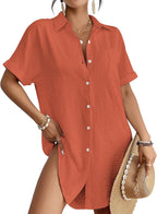Women's Button Down Beach Shirt Dress - Relaxed Cover-Up in Stripes, Jacquard and Solids for Vacations - Aa-leaf Print (