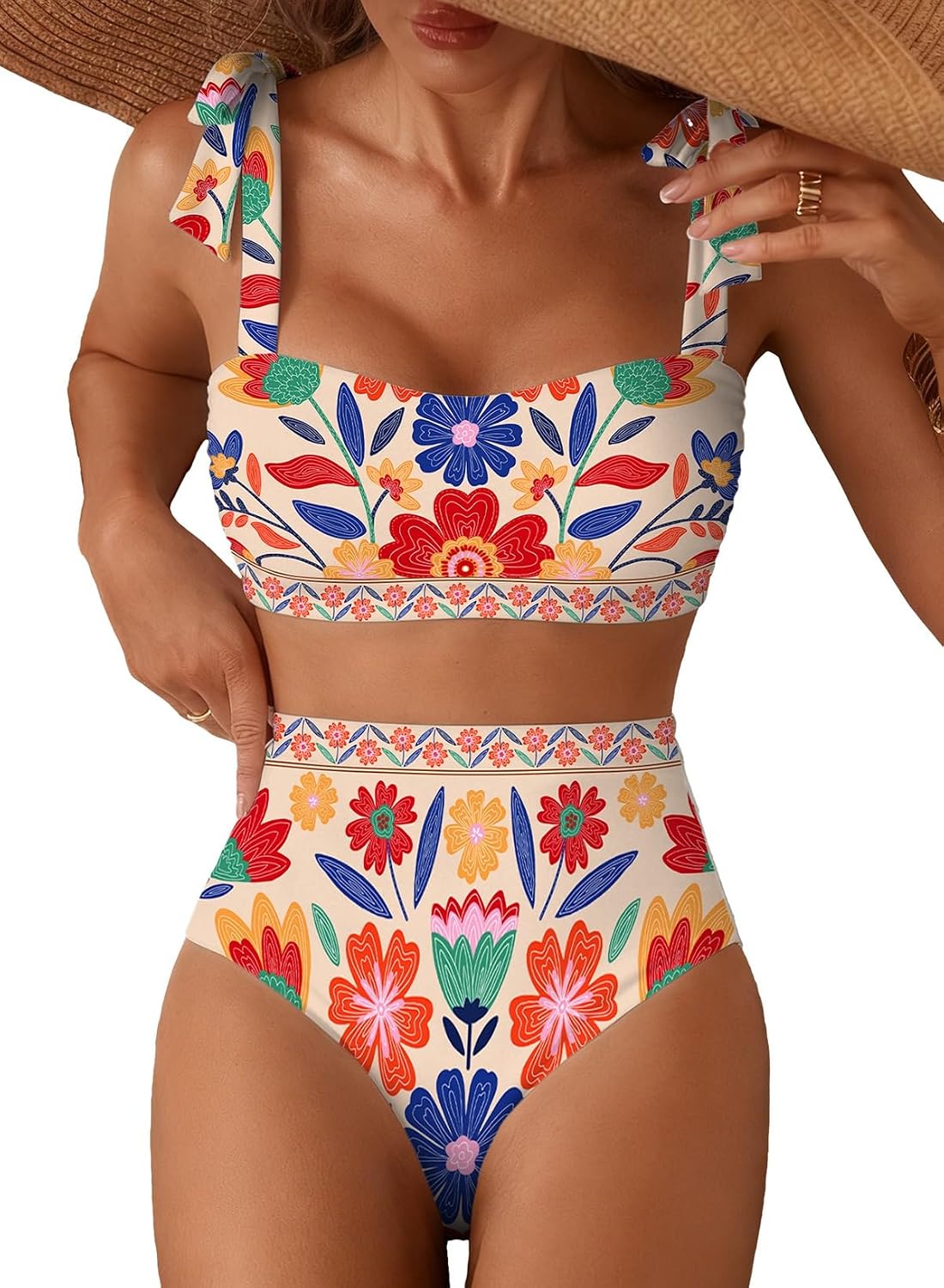 Women's Tie Shoulder Bikini Set - Two Piece with High Waisted Full Coverage Bottoms and Removable Pads - Small