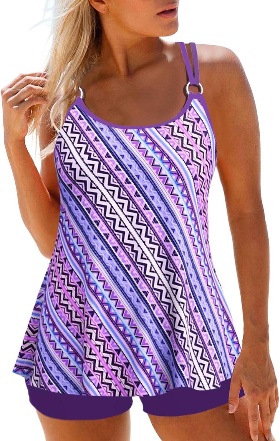 Women's Double Strap Tankini Set - Adjustable Shoulder Straps and Soft Breathable Two Piece Bathing Suit - Medium