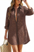 Women's Eyelet Beach Shirt Dress - Long Sleeve Button Down Cover-Up in Prints and Solids for Resort Days - Beige