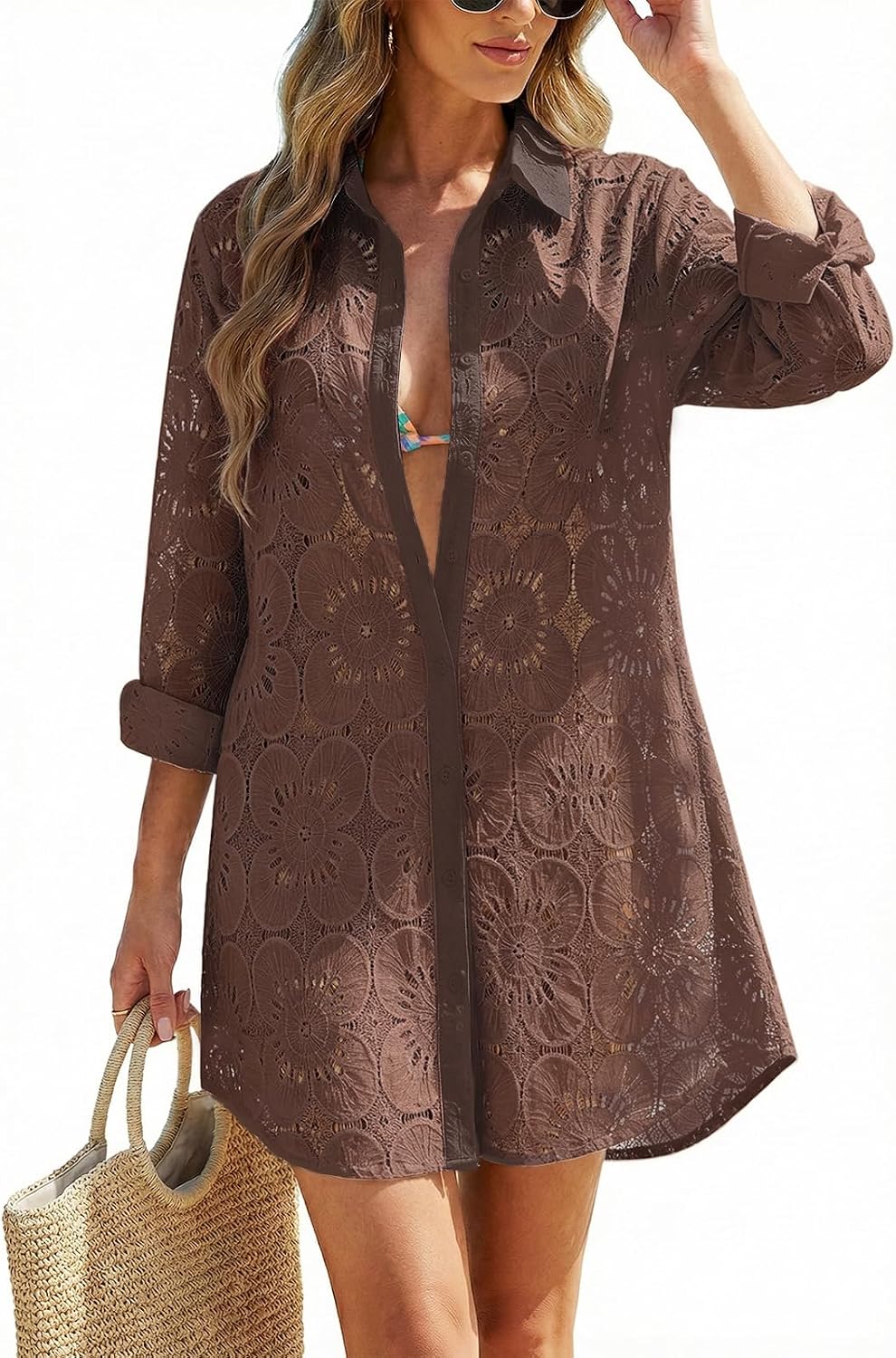 Women's Eyelet Beach Shirt Dress - Long Sleeve Button Down Cover-Up in Prints and Solids for Resort Days - Beige