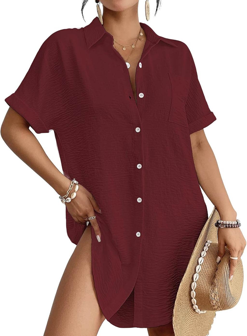 Women's Button Down Beach Shirt Dress - Relaxed Cover-Up in Stripes, Jacquard and Solids for Vacations - Bean Pink (9)