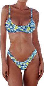 Women's Scoop Neck Bikini Set - Push Up Padded Top with Brazilian Thong Bottoms in Solids and Prints - Blue Flower