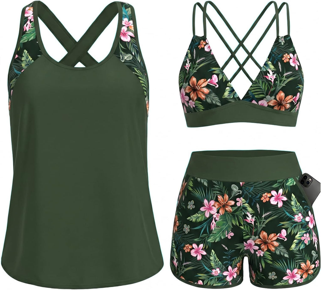 Women's 3 Piece Tankini Swimsuit - Tummy Control Top, High-Waist Boy Shorts and Built-In Brief for Swim Days - Medium