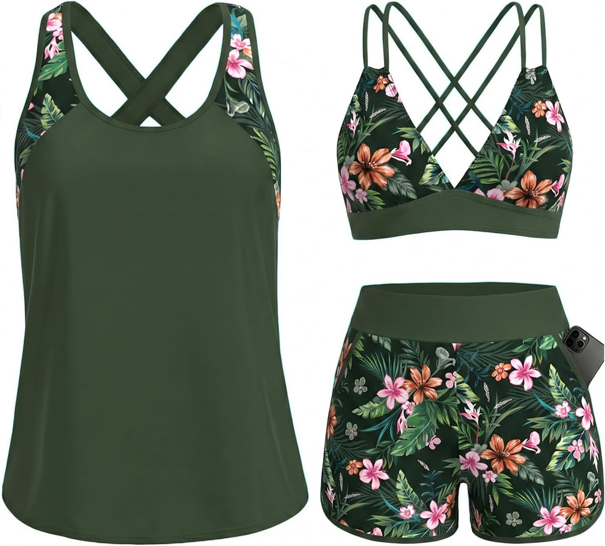 Women's 3 Piece Tankini Swimsuit - Tummy Control Top, High-Waist Boy Shorts and Built-In Brief for Swim Days - Medium