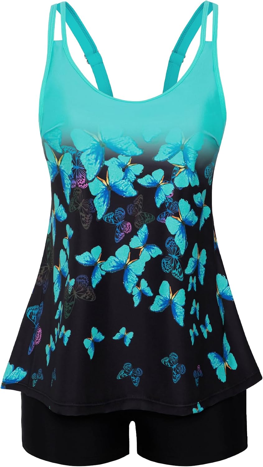 Women's Flowy Tankini Set - Scoop Neck Top with Removable Pads and High Waisted Bottoms for Modest Swims - Small