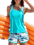 Women's Blouson Tankini Swimsuit - Tummy Control Top with Removable Pads and Swim Shorts with Pockets - Coconut Tree on 