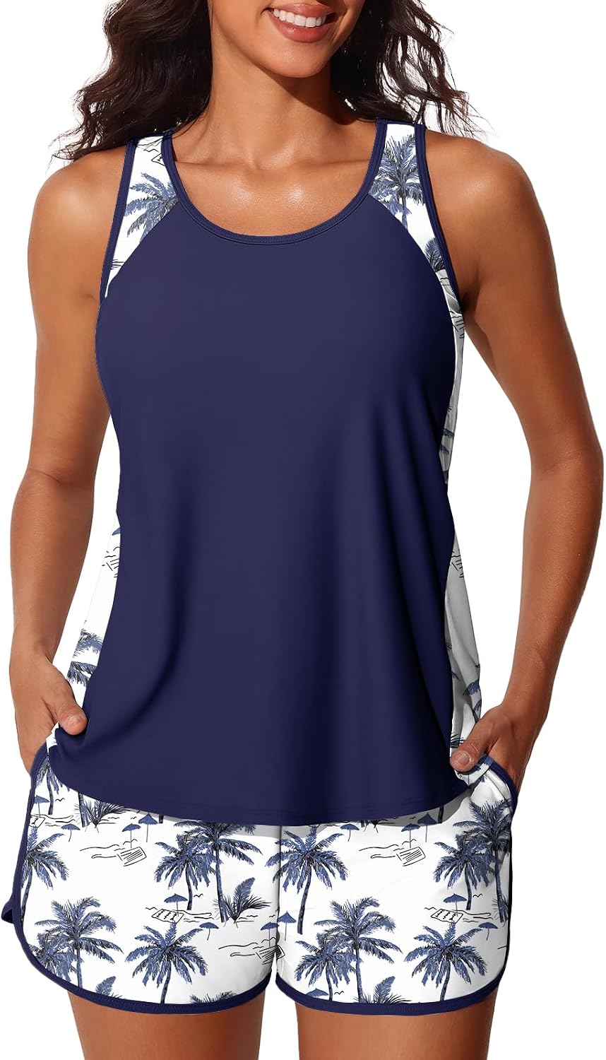 Women's Blouson Tankini Swimsuit - Tummy Control Top with Removable Pads and Swim Shorts with Pockets - Green Shadowa