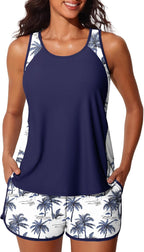 Women's Blouson Tankini Swimsuit - Tummy Control Top with Removable Pads and Swim Shorts with Pockets - Green Shadowa