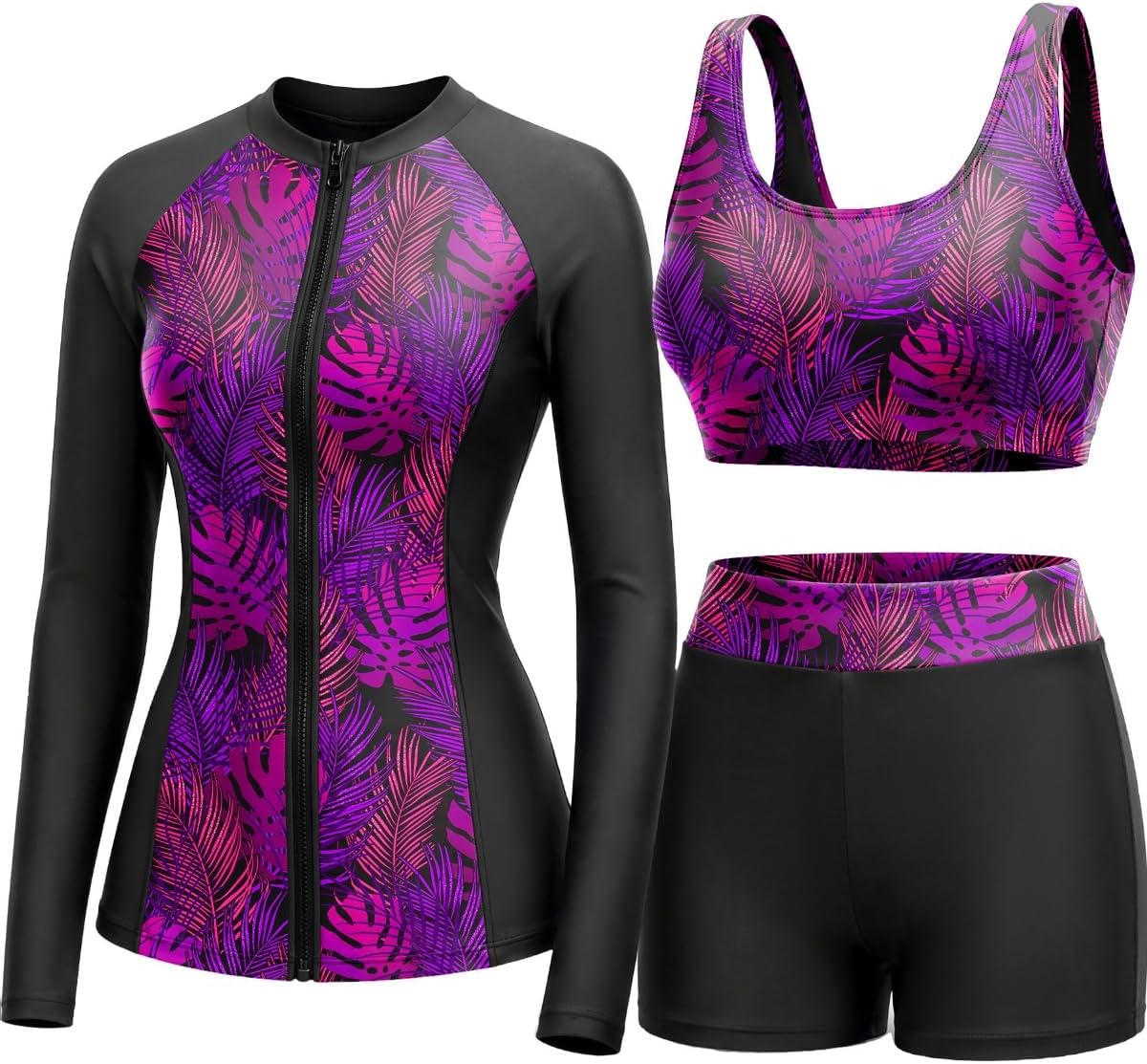 Women's 3 Piece Rash Guard Set - UPF 50+ Long Sleeve Swim Shirt, Built-In Bra Top and Mid Rise Bottoms - Small