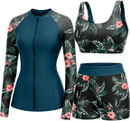 Women's 3 Piece Rash Guard Set - UPF 50+ Long Sleeve Swim Shirt, Built-In Bra Top and Mid Rise Bottoms - Small