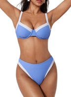 Women's Colour Block Bikini Set - Underwire Top with High Waisted Bottoms for Beach and Pool Days - Small (14)