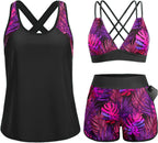 Women's 3 Piece Tankini Swimsuit - Tummy Control Top, High-Waist Boy Shorts and Built-In Brief for Swim Days - Small