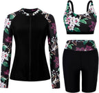 Women's Long Sleeve Rash Guard Set - Swim Shirt with Matching Shorts and Two Pockets for Beach and Pool - Black