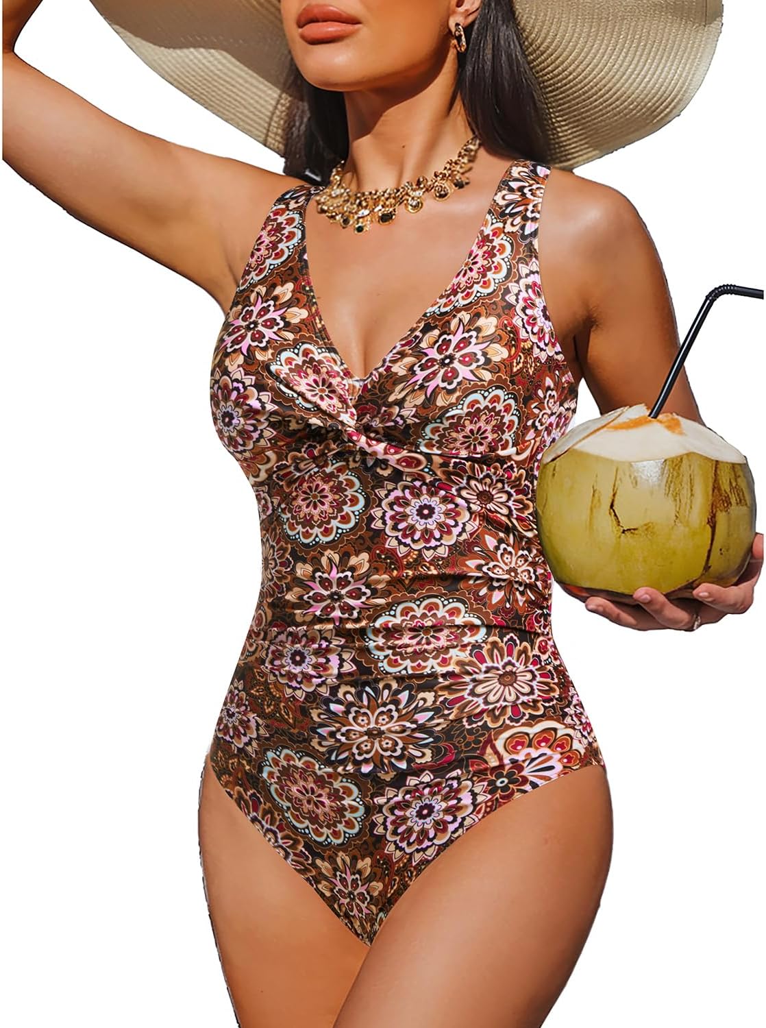 Women's Tummy Control One Piece Swimsuit - V-Neck Twist Front, Removable Pads and Full Coverage for Pool Days - 24 Plus