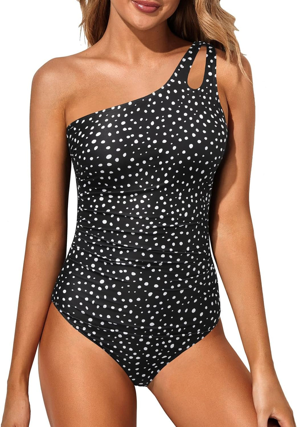 Women's One Shoulder One Piece Swimsuit - Keyhole Front, Ruched Tummy Control and Removable Soft Cups - Pink