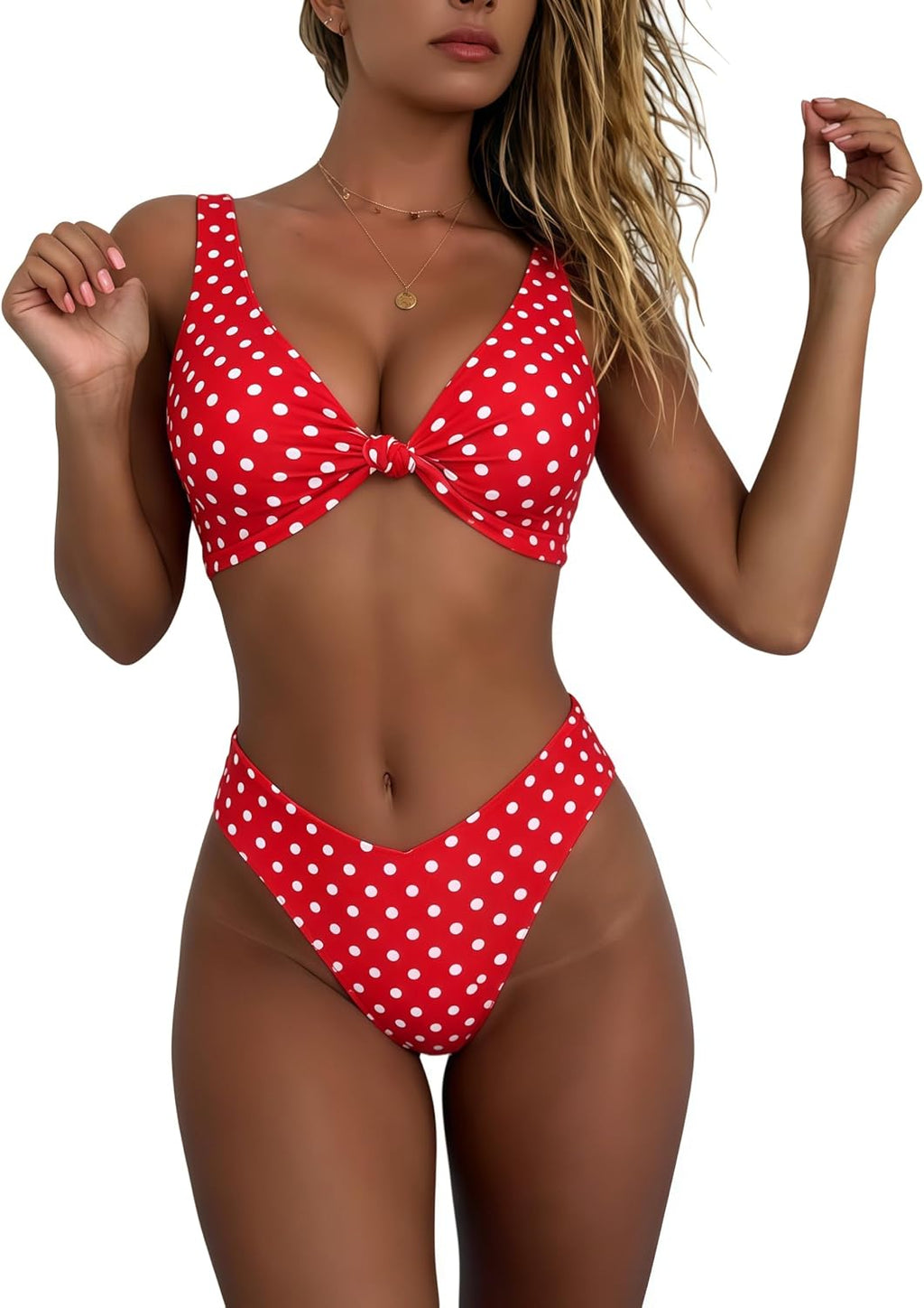 Women's Knot Front Bikini Set - Push Up V-Neck Top with High Leg Thong Bottoms for Beach and Pool - Dark Purple