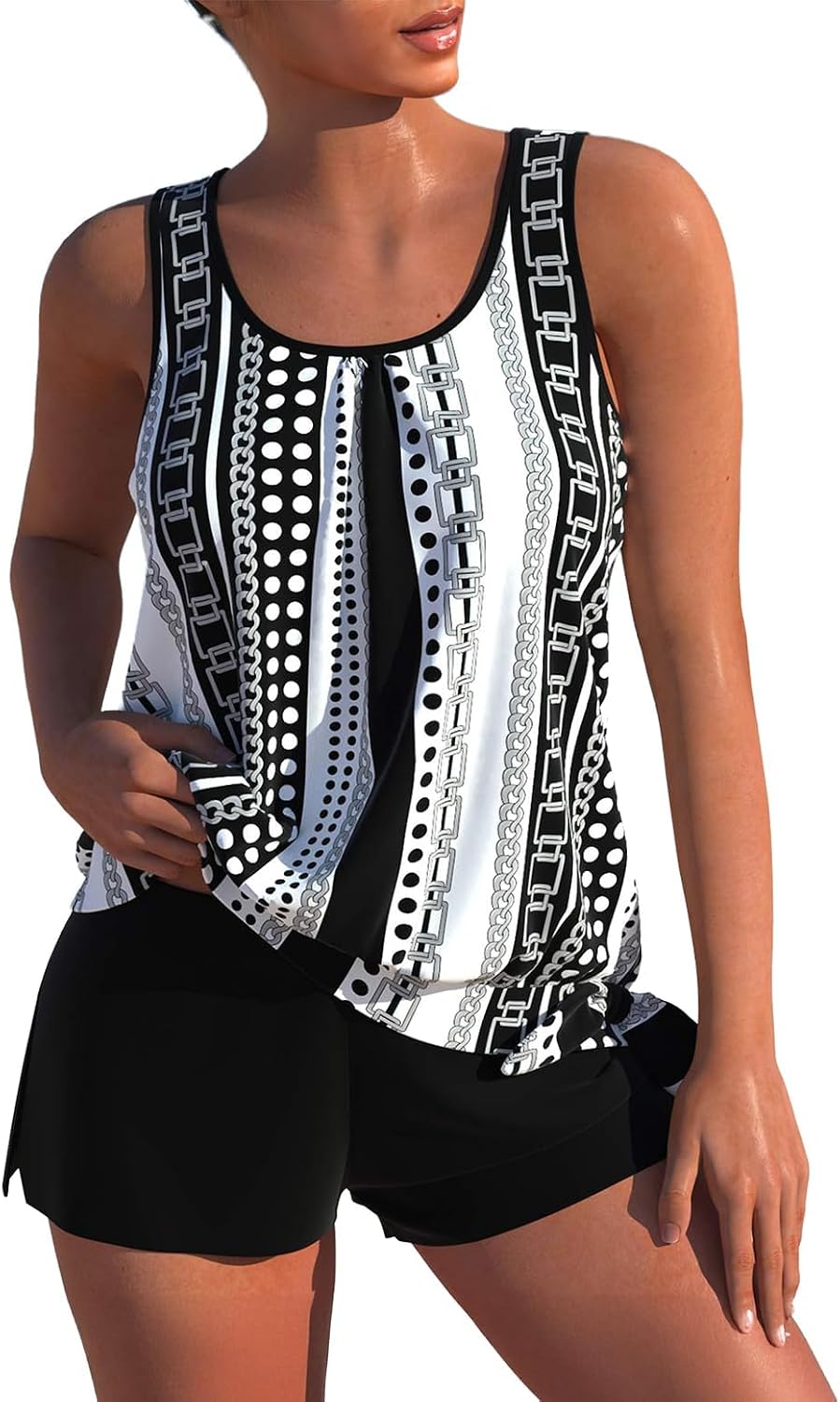 Women's Ribbed Modest Tankini Set - Wire Free Built-In Bra, Blouson Top and Mid Rise Bottoms for Swims - Medium