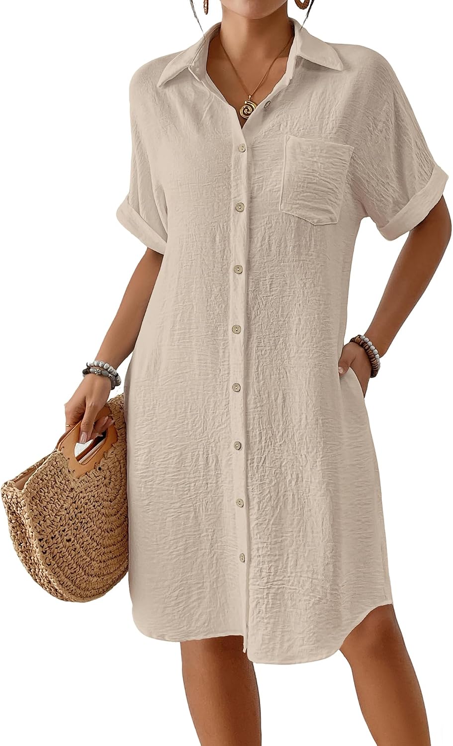 Women's Knee Length Beach Shirt Dress - Short Sleeve Button Down Cover-Up with Pockets for Vacations - Medium