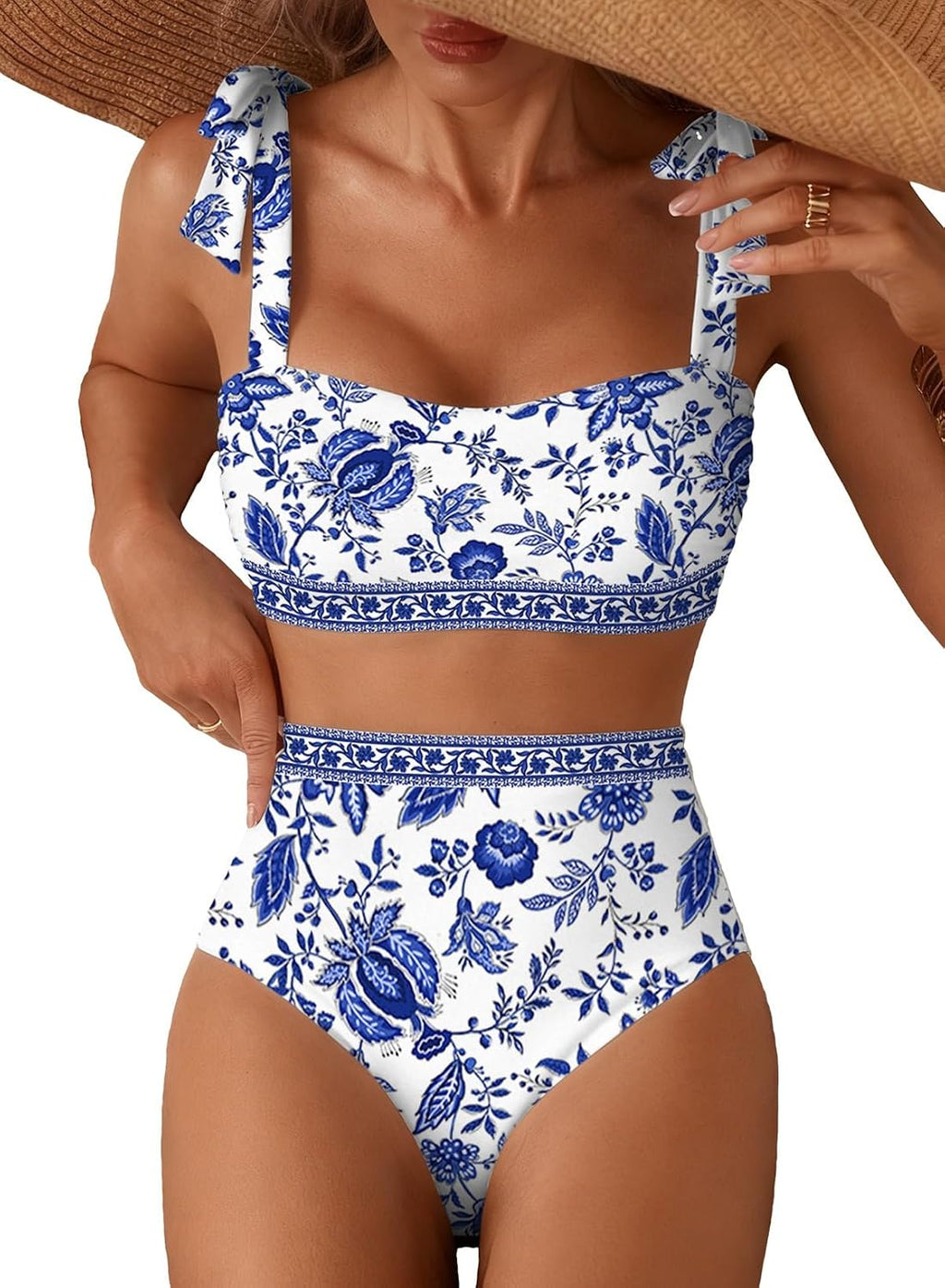 Women's Tie Shoulder Bikini Set - Two Piece with High Waisted Full Coverage Bottoms and Removable Pads - Small (13)