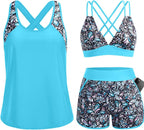 Women's 3 Piece Tankini Swimsuit - Tummy Control Top, High-Waist Boy Shorts and Built-In Brief for Swim Days - Small (21