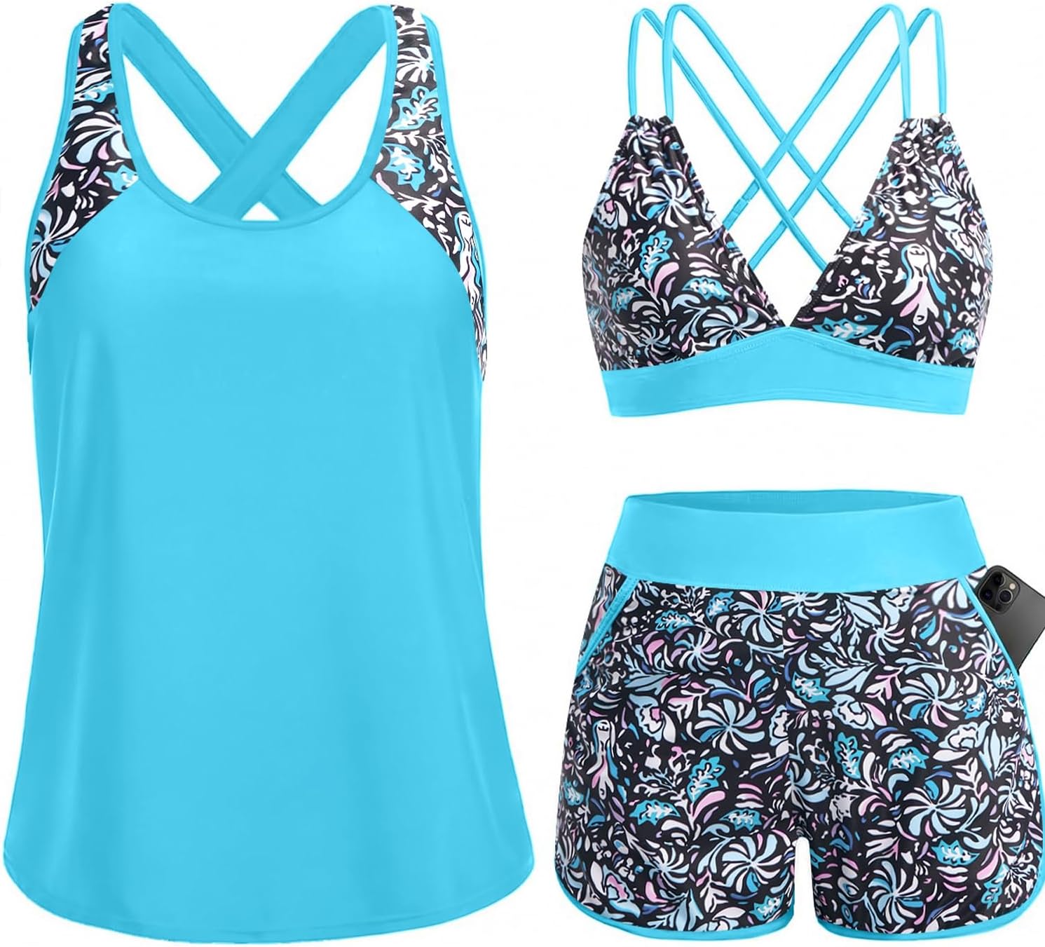 Women's 3 Piece Tankini Swimsuit - Tummy Control Top, High-Waist Boy Shorts and Built-In Brief for Swim Days - Small (21