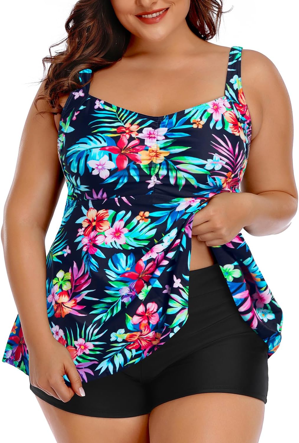 Women's Plus Size Tankini Swimsuit - Two Piece Bathing Suit with Swim Shorts and Full Tummy Coverage - 14 Plus