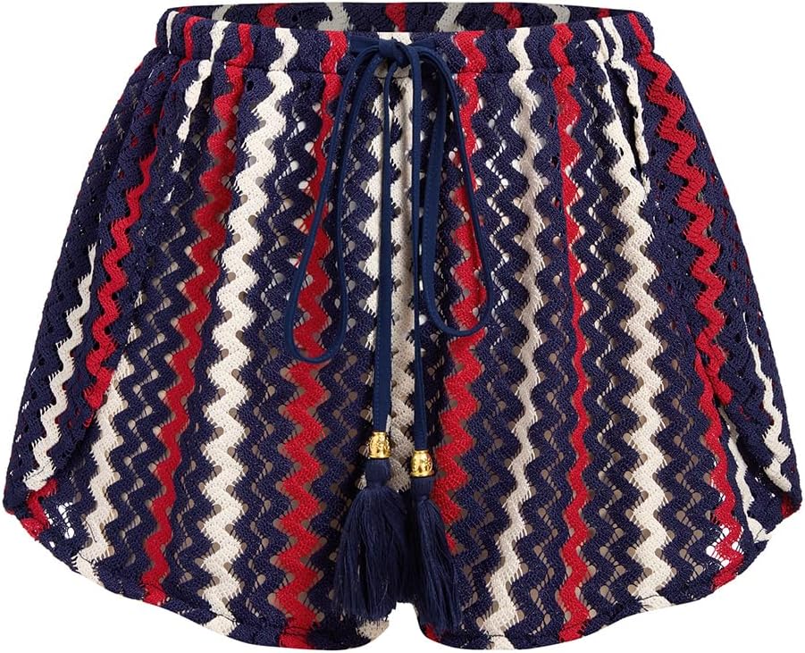Women's Crochet Cover-Up Shorts - High Waisted Beach Bottoms with Drawstring Waist and Flowy Side Slits - Small