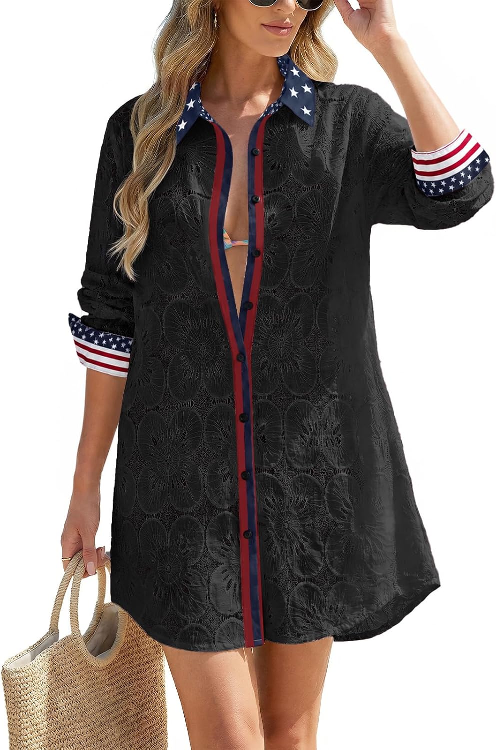 Women's Eyelet Beach Shirt Dress - Long Sleeve Button Down Cover-Up in Prints and Solids for Resort Days - Royal Blue
