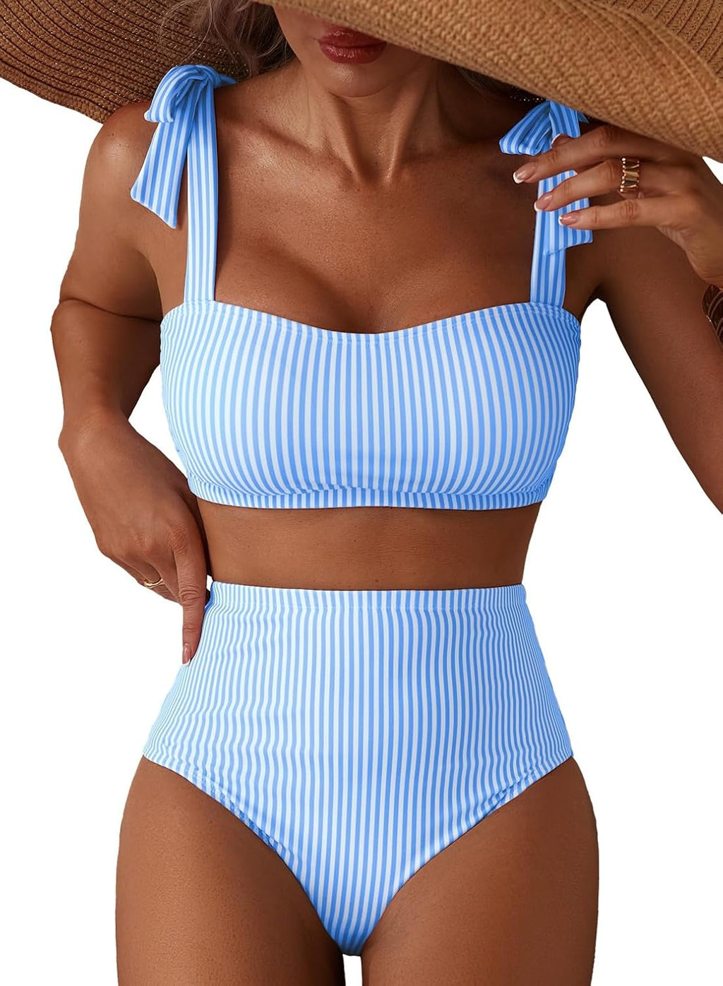 Women's Tie Shoulder Bikini Set - Two Piece with High Waisted Full Coverage Bottoms and Removable Pads - Small