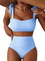 Women's Tie Shoulder Bikini Set - Two Piece with High Waisted Full Coverage Bottoms and Removable Pads - Small
