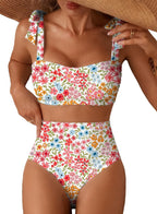 Women's Tie Shoulder Bikini Set - Two Piece with High Waisted Full Coverage Bottoms and Removable Pads - Small (12)