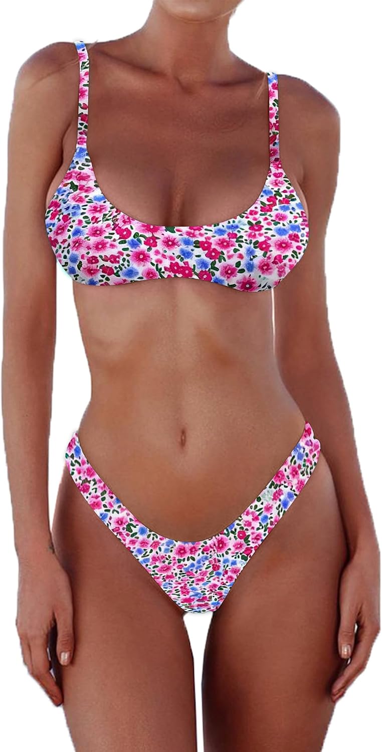 Women's Scoop Neck Bikini Set - Push Up Padded Top with Brazilian Thong Bottoms in Solids and Prints - Beige