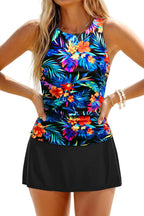 Women's High Neck Tankini with Skirt - Ruched Tummy Control Top, Removable Pads and Built-In Brief - Small (20)