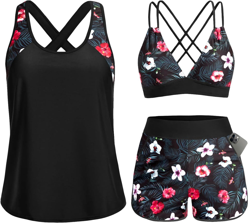 Women's 3 Piece Tankini Swimsuit - Tummy Control Top, High-Waist Boy Shorts and Built-In Brief for Swim Days - Medium