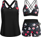 Women's 3 Piece Tankini Swimsuit - Tummy Control Top, High-Waist Boy Shorts and Built-In Brief for Swim Days - Medium
