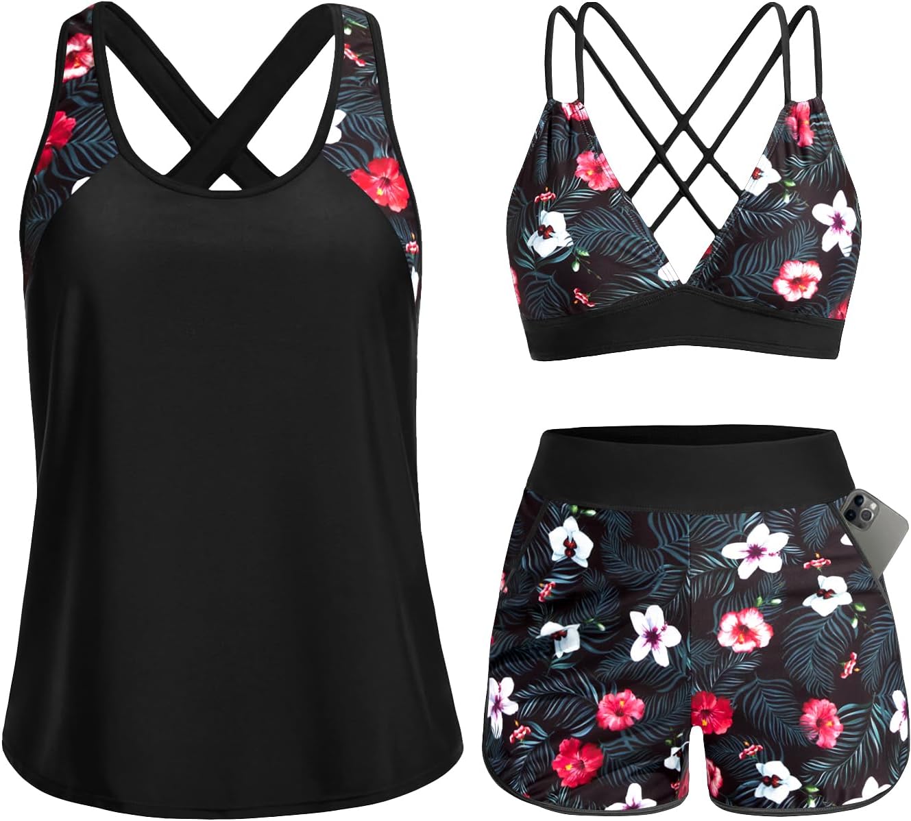 Women's 3 Piece Tankini Swimsuit - Tummy Control Top, High-Waist Boy Shorts and Built-In Brief for Swim Days - Medium
