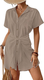 Women's Tie Front Beach Shirt Dress - Short Sleeve Button Down with Chest Pocket and High Low Hem - Small (4)