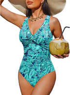 Women's Tummy Control One Piece Swimsuit - V-Neck Twist Front, Removable Pads and Full Coverage for Pool Days - Medium