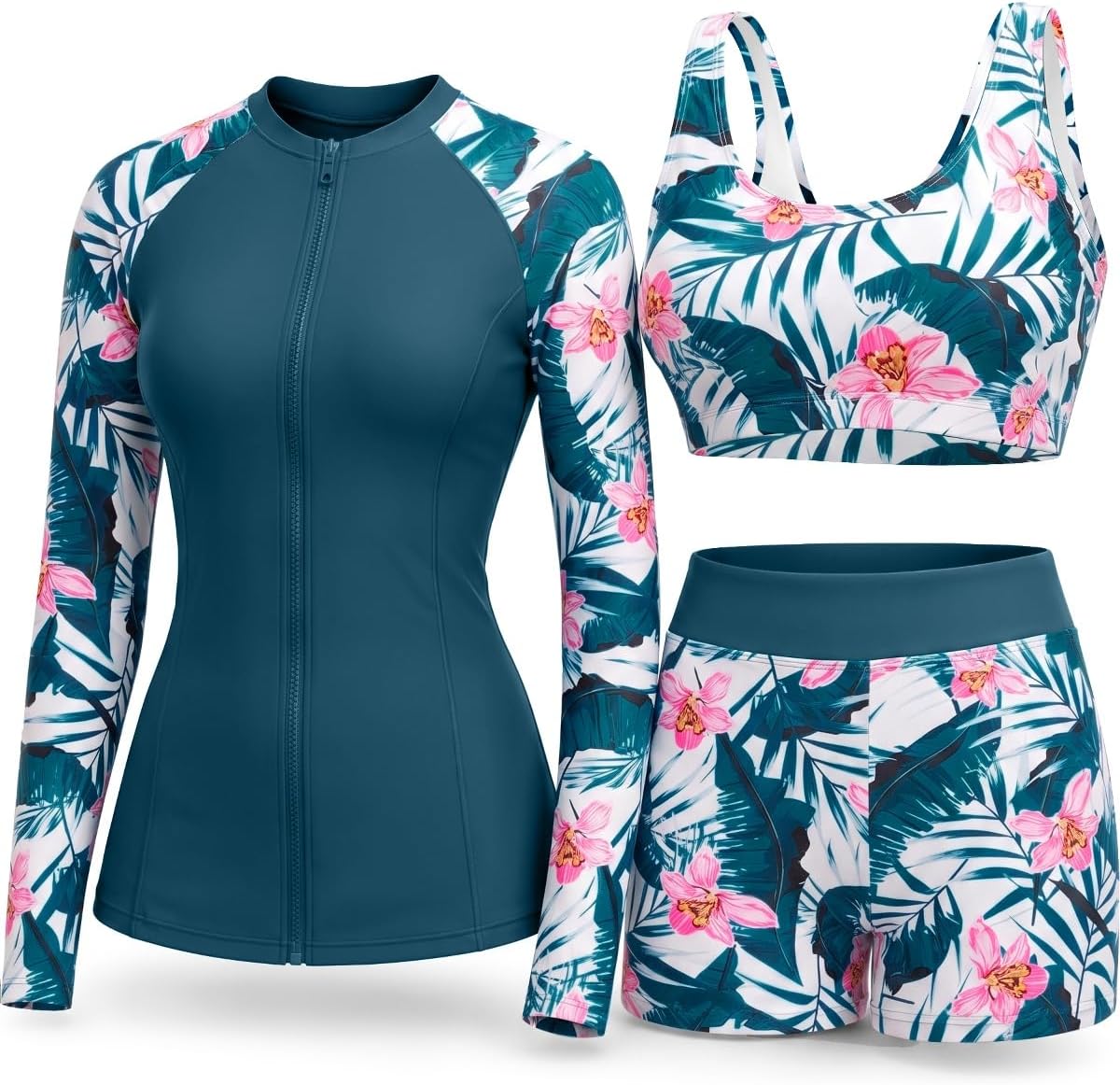 Women's 3 Piece Rash Guard Set - UPF 50+ Long Sleeve Swim Shirt, Built-In Bra Top and Mid Rise Bottoms - Small (14)